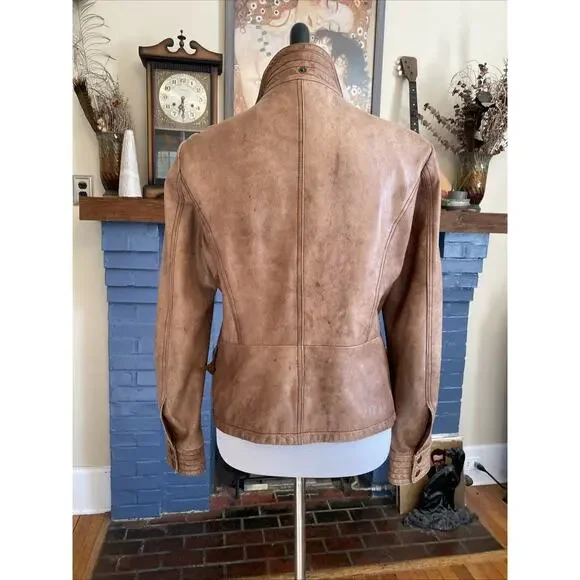 Y2K Vintage Moto Jacket Italian Leather Zip Brown SR Clothing Womens L READ - Picture 3 of 16